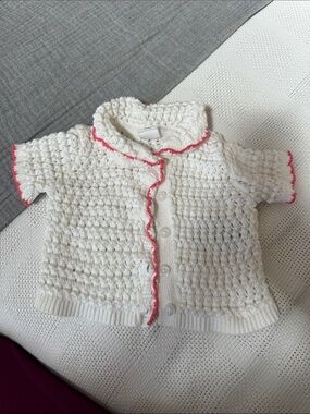 GAP White Crochet Baby Cardigan with Pink Trim Scalloped Edges